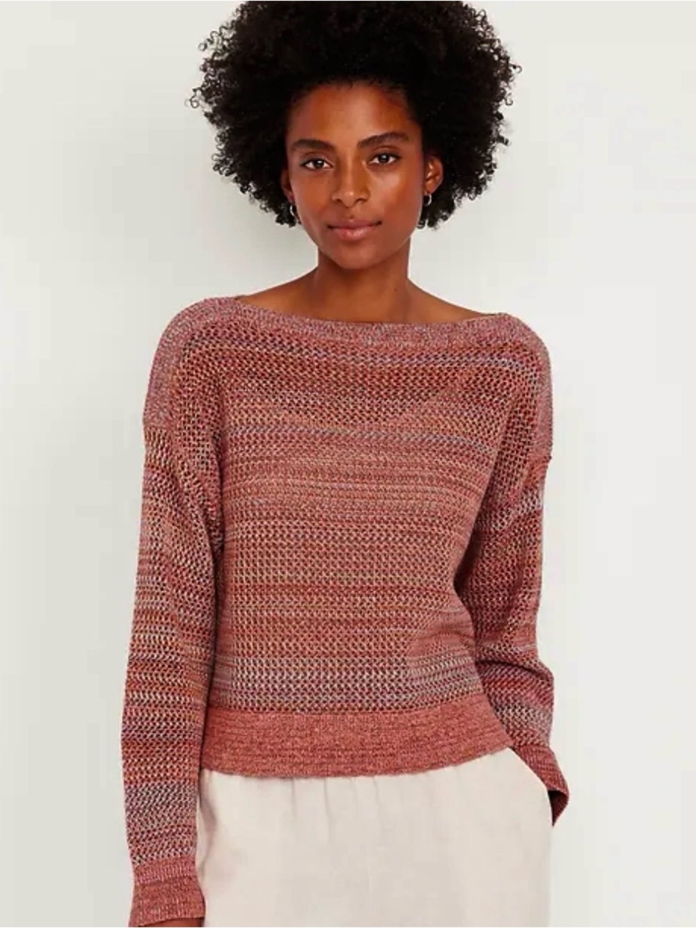 Old Navy Marled Open Knit Boat Neck Crop Long Sleeve Sweater